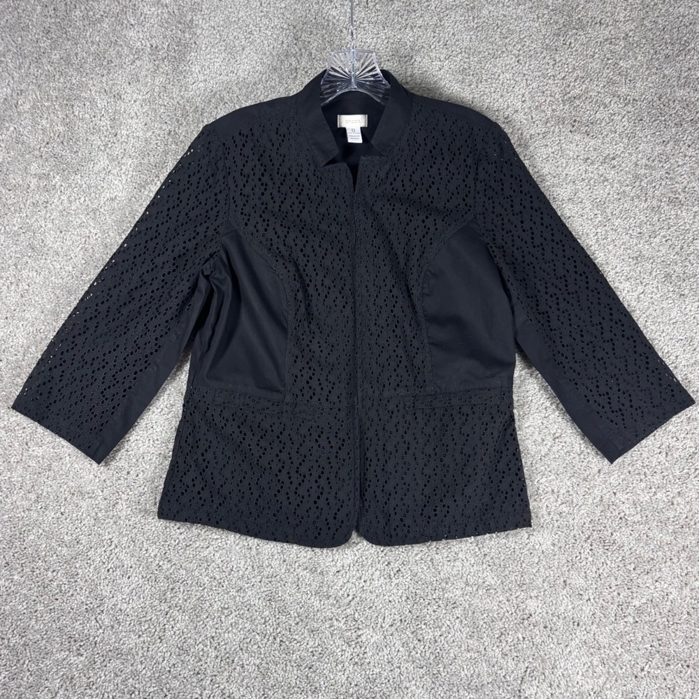 Chicos Black Eyelet Lace Collarless Blazer Jacket Women Size 0 3/4 Sleeve